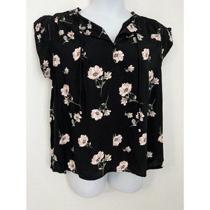 Buffalo David Bitton Womens L Black Floral viscose Flutter Sleeve blouse peasant